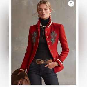 Red Embroidered Military-Style Blazer